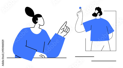 Remote teamwork, collaboration tools, virtual meeting, brainstorming, technology, digital interaction. Two people gesturing and interacting. Collaboration tools and virtual meeting concept