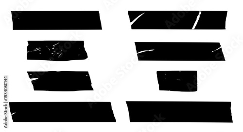 Tape black pieces with rough edges and texture, set of graphic elements featuring grunge, torn, ripped with textured