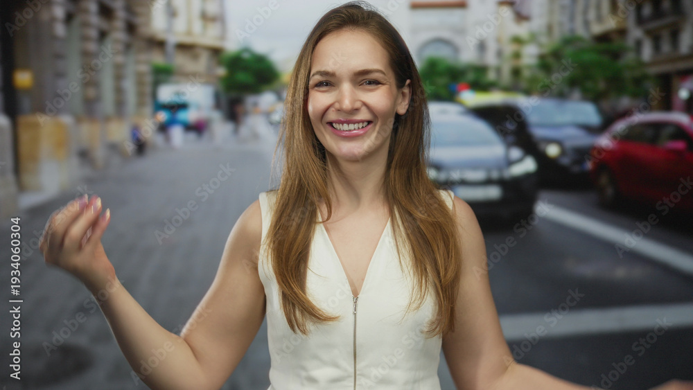 Fototapeta premium Young woman in white sleeveless top blows a kiss into the air on a sunlit city street; playful romance.