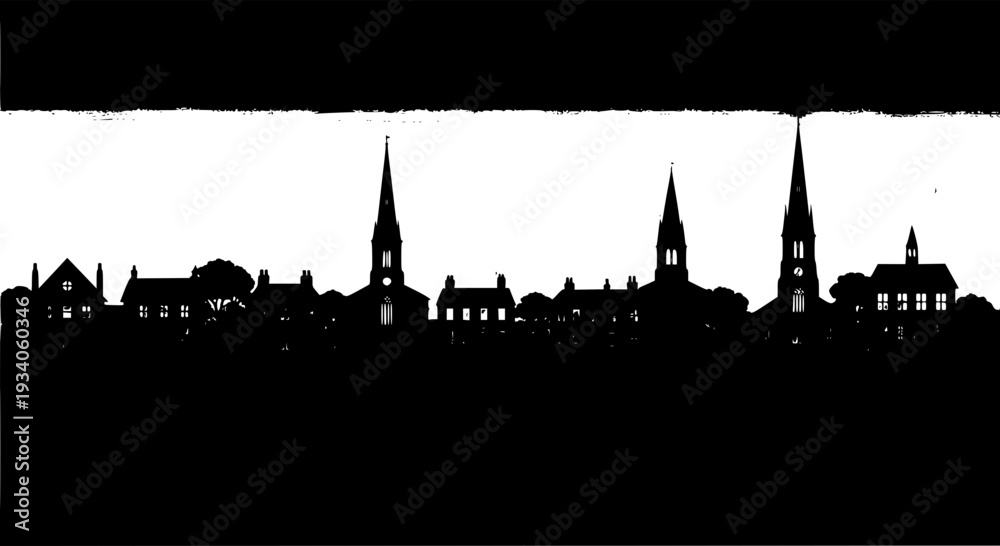 Obraz premium City skyline silhouette with church steeples and buildings in black outline featuring cityscape, steeple, architecture with urban and landscape