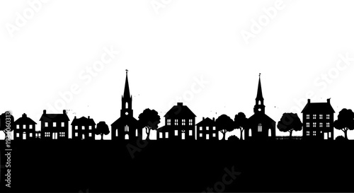 Village silhouette with church and trees in black on white background featuring town, cityscape, landscape with