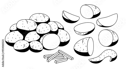 Potatoes set with whole and sliced tubers, black and white illustration featuring roots, vegetables, food with ingredients and cooking elements for