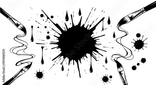 Brushes paint set with black ink splatters and swirls featuring paintbrushes, artistic tools, painting with drawing and creative elements for design,