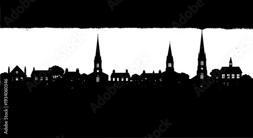 City skyline silhouette with church steeples and buildings in black outline featuring cityscape, steeple, architecture with urban and landscape