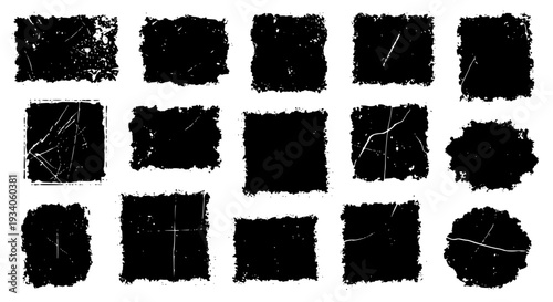 Shapes grunge texture set with rough edges and scratches, dark square and irregular forms featuring scratch, distressed, abstract with background and