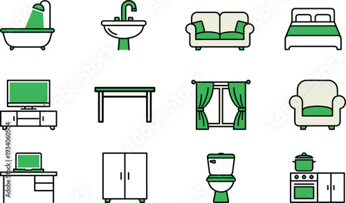 Home furniture and interior icon set, bathroom bedroom kitchen living room line vector illustration collection