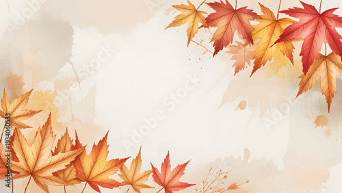Autumn watercolor maple leaves background with copy space, Fall foliage frame for thanksgiving and seasonal greeting card, Vibrant orange and red maple leaf border on textured background, Hand painted