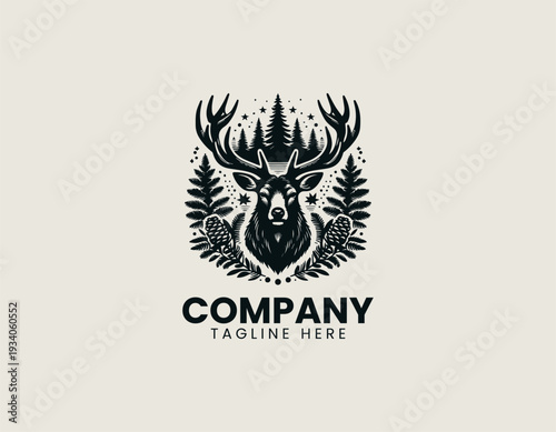 Majestic deer head with pine forest background black vector logo illustration isolated on white background