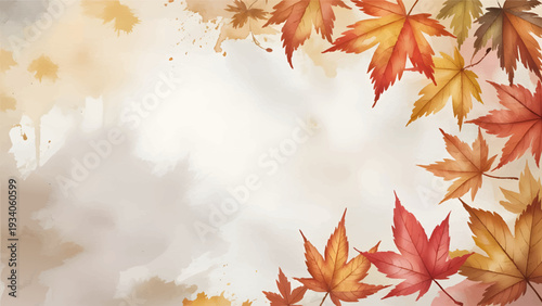 Autumn watercolor maple leaves border with copy space, Fall foliage frame for thanksgiving and seasonal greeting card, Vibrant watercolor autumn leaf background for invitations, Hand painted maple lea