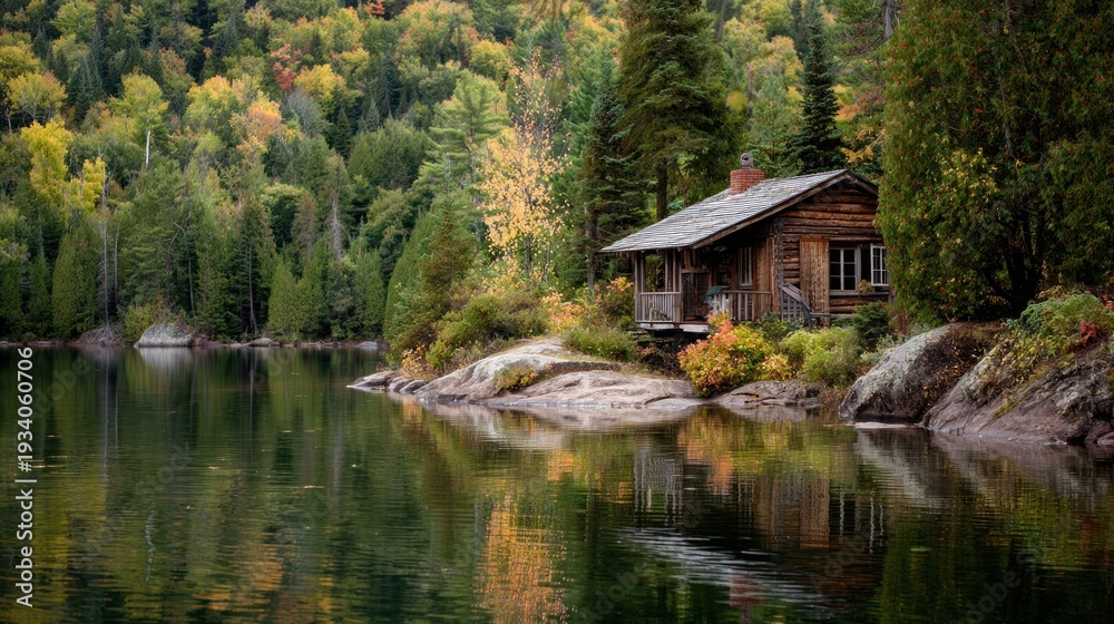 Obraz premium Cabin on serene lake surrounded by lush trees reflecting peaceful landscape