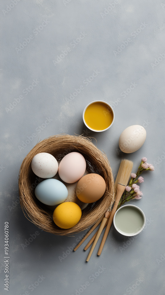 custom made wallpaper toronto digitalColorful Eggs in Nest with Paint and Brushes on Gray Background for Craft Projects