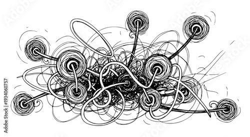 Abstract network with circular nodes and tangled lines, hand drawn sketch, creative doodle, chaotic connection