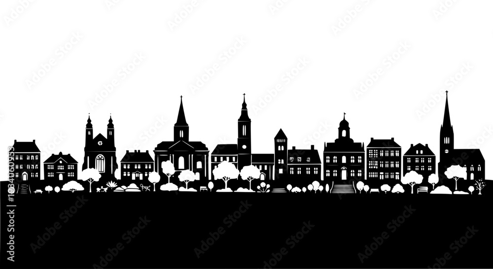 Fototapeta premium City skyline silhouette with buildings and spires against a white background featuring architecture, urban, landscape with vector and illustration