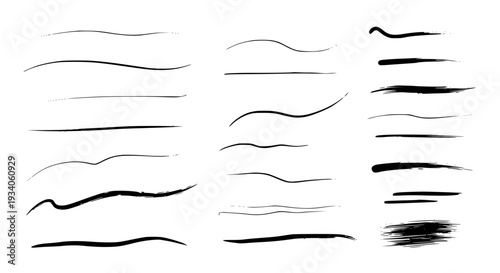 Lines hand drawn set with grunge textures and artistic brush strokes for design accents featuring scribbles, doodles, underlines with graphic