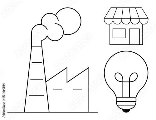 Industry concept. Industry by factory, shop, and lightbulb manufacturing, commerce, and innovation. Industry applications in technology, startups, energy business plans and supply chain