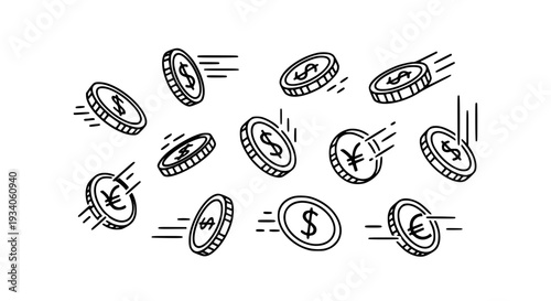 Coins falling set with currency symbols and motion lines featuring euro, dollar, yen with black and white and illustration elements for finance,