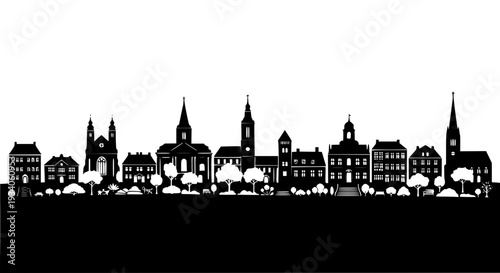City skyline silhouette with buildings and spires against a white background featuring architecture, urban, landscape with vector and illustration