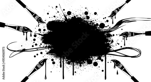 Paintbrushes collection with black ink splatters and drips around a dark blob featuring paintbrush, brushes, painting with art and splatter elements