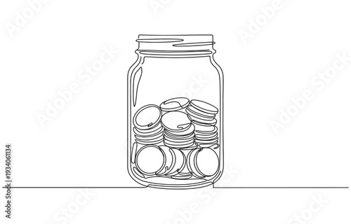 Coins in a glass jar, savings, money box, tips one line art.