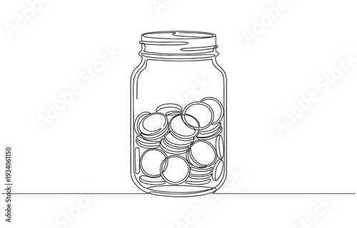 Coins in a glass jar, savings, money box, tips one line art.