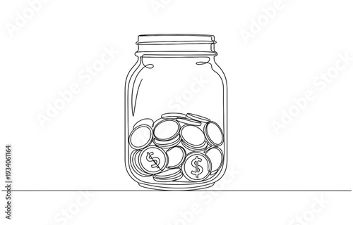 Coins in a glass jar, savings, money box, tips one line art.