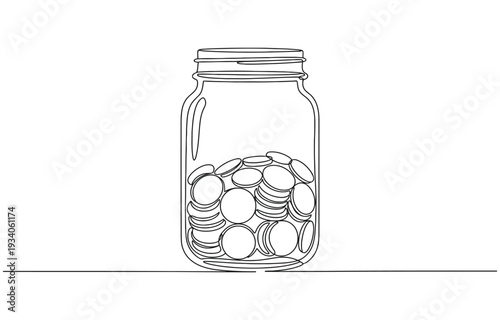 Coins in a glass jar, savings, money box, tips one line art.