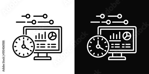 Real Time Data Icon In Black And White Filled Style.