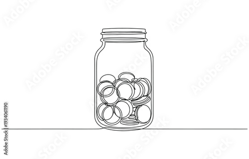 Coins in a glass jar, savings, money box, tips one line art.