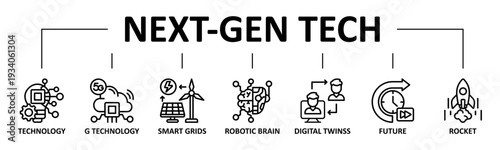 Nex-Gen Tech banner web icon vector line style illustration concept with icon of next-gen tech, innovation, robotics, ai, data, automation, computing
