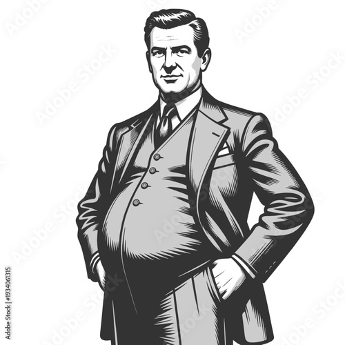 confident businessman with a large belly standing proudly sketch engraving generative ai fictional character vector illustration. Scratch board imitation. Black and white image.