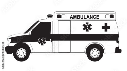 Illustration of an emergency ambulance vehicle ready for patient transport.