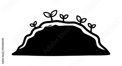 Seedlings growing on mound with leaves and stems featuring growth, soil, plants with black and white elements for