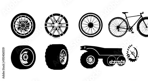 Wheels and bicycle set with various designs and styles featuring vehicle, transportation, tires with black and white