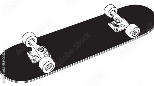 Skateboard deck with grip tape and wheels ready for street riding in a compact urban setup.