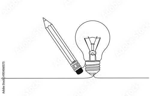 Light bulb and pencil in one continuous line drawing.