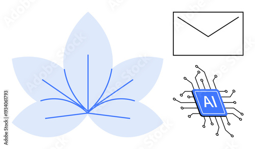 Artificial intelligence, communication technology, digital systems, innovation, data networks, eco-friendly tech. AI chip, envelope and abstract flower modern ideas. Artificial Intelligence