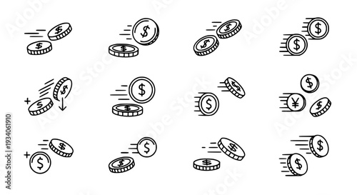 Coins falling set with black and white line art style featuring money, currency, illustration with vector and finance elements for wealth, savings