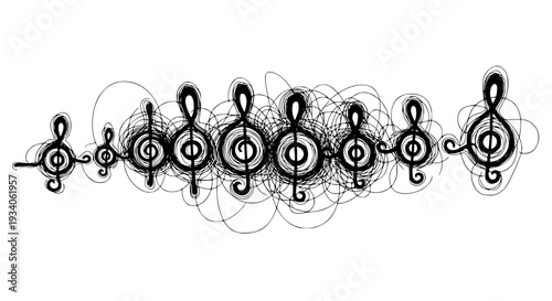 Treble clefs hand drawn set with intricate black lines and swirls featuring musical symbol, music notation, artistic