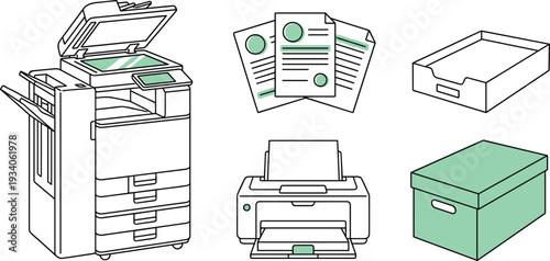 Office printing equipment icon set, copier printer documents and storage boxes line vector illustration collection