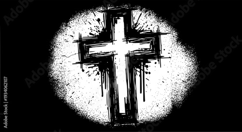 Cross religious symbol with grunge texture and splatter effects featuring black, white, art with design and illustration elements for vector, faith