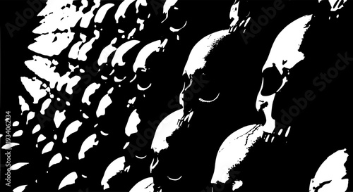 Skulls patterned abstract background with sharp contrasts in black and white. featuring pattern, monochrome, horror with death and spooky elements