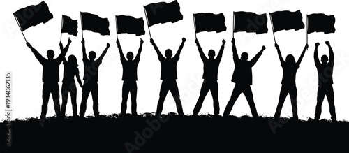 Group of protesters waving flags silhouette, public demonstration rally and social movement concept illustration
