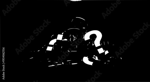 Stormtrooper silhouette with question mark and abstract shapes featuring Star Wars, character, sci-fi with futuristic and military elements for
