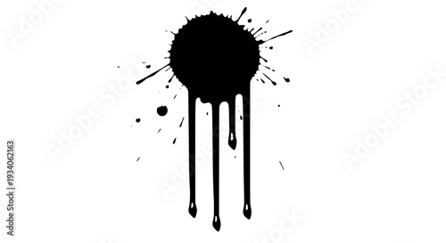 Ink splatter with dripping effect and scattered droplets on a white background, black abstract design element.