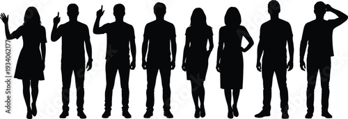 Group of standing people silhouettes, diverse men and women isolated on white background showing different poses and gestures collection