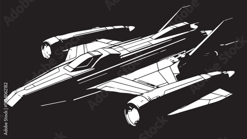 Futuristic Starship Sketch in White Line Art on Black Background.