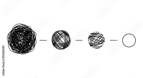 Balls of scribbled lines in decreasing size progression to a clean circle featuring abstract, ball, scribble with chaos and order elements for