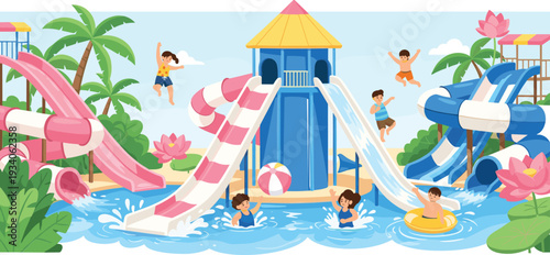 Kids Playing at Water Park Cartoon Vector Illustration with Slides Pool and Summer Fun