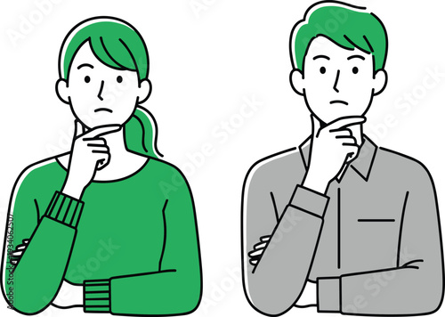 Thinking man and woman illustration, confused people with hand on chin, problem solving concept, line vector characters