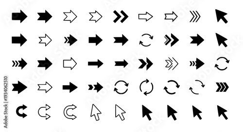 Arrows set with black and white designs and cursor icons featuring navigation symbols, pointer symbols, graphical